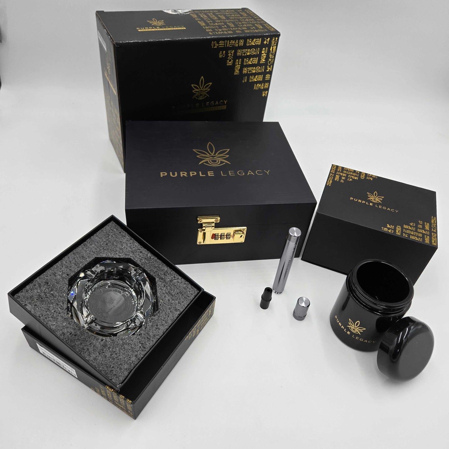 ANGEBOT: Stash Box + Stash Glas 250ml + Aschenbecher + Joint Case - PURPLE LEGACY SHOP
