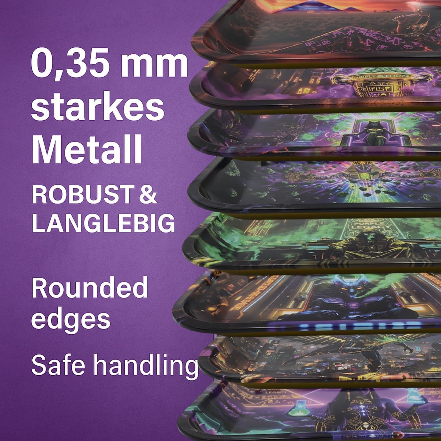 PURPLE LEGACY® Unterlage 34 × 27,5 × 2,7 cm | Metallblech | Ägyptisch-Cyberpunk-Design | Praktisches Tablett mit abgerundeten Ecken (Desert Field Big)