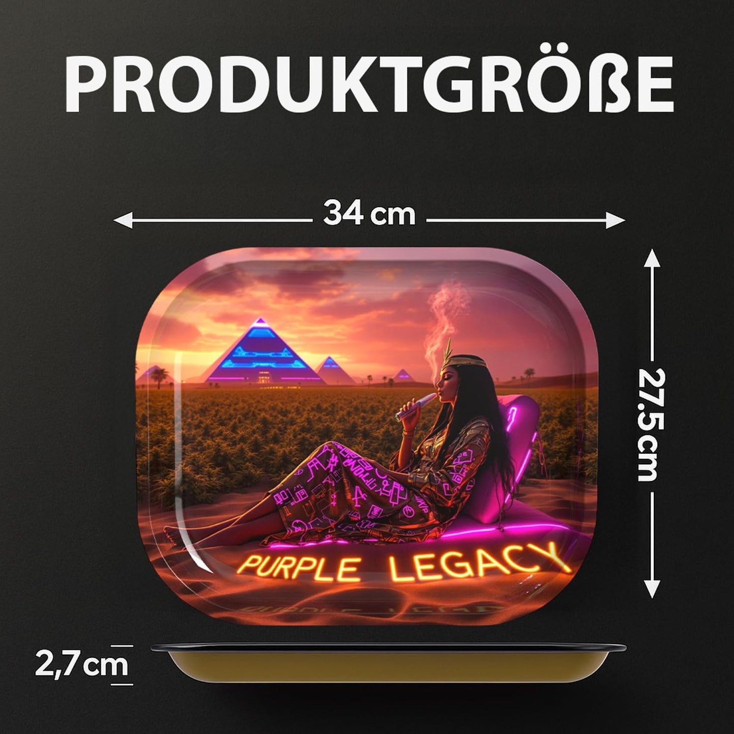 PURPLE LEGACY® Unterlage 34 × 27,5 × 2,7 cm | Metallblech | Ägyptisch-Cyberpunk-Design | Praktisches Tablett mit abgerundeten Ecken (Desert Field Big)