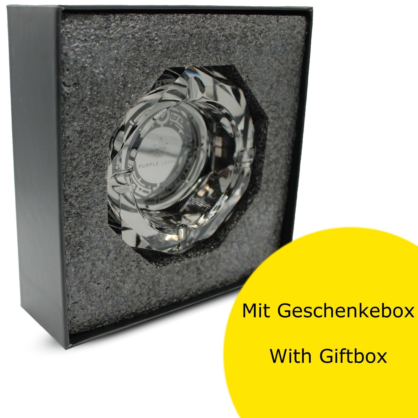 Aschenbecher Glas Groß Kristallglas - Dark Grey, Laser Gravur, 280g - Eleganter & Robuster cooler Aschenbecher Edel mit Antirutsch Boden Ash Tray - PURPLE LEGACY SHOP