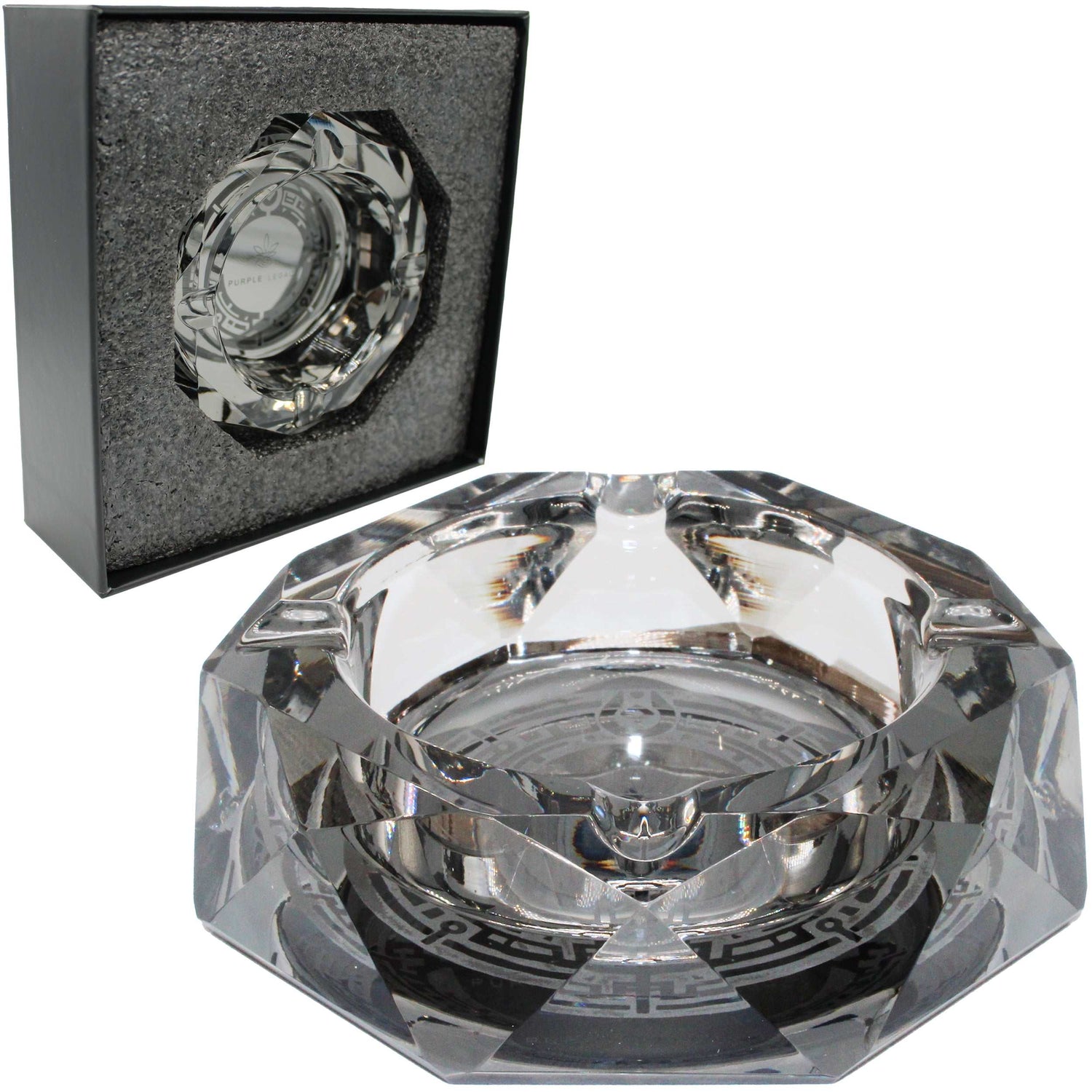 Aschenbecher Glas Groß Kristallglas - Dark Grey, Laser Gravur, 280g - Eleganter & Robuster cooler Aschenbecher Edel mit Antirutsch Boden Ash Tray - PURPLE LEGACY SHOP