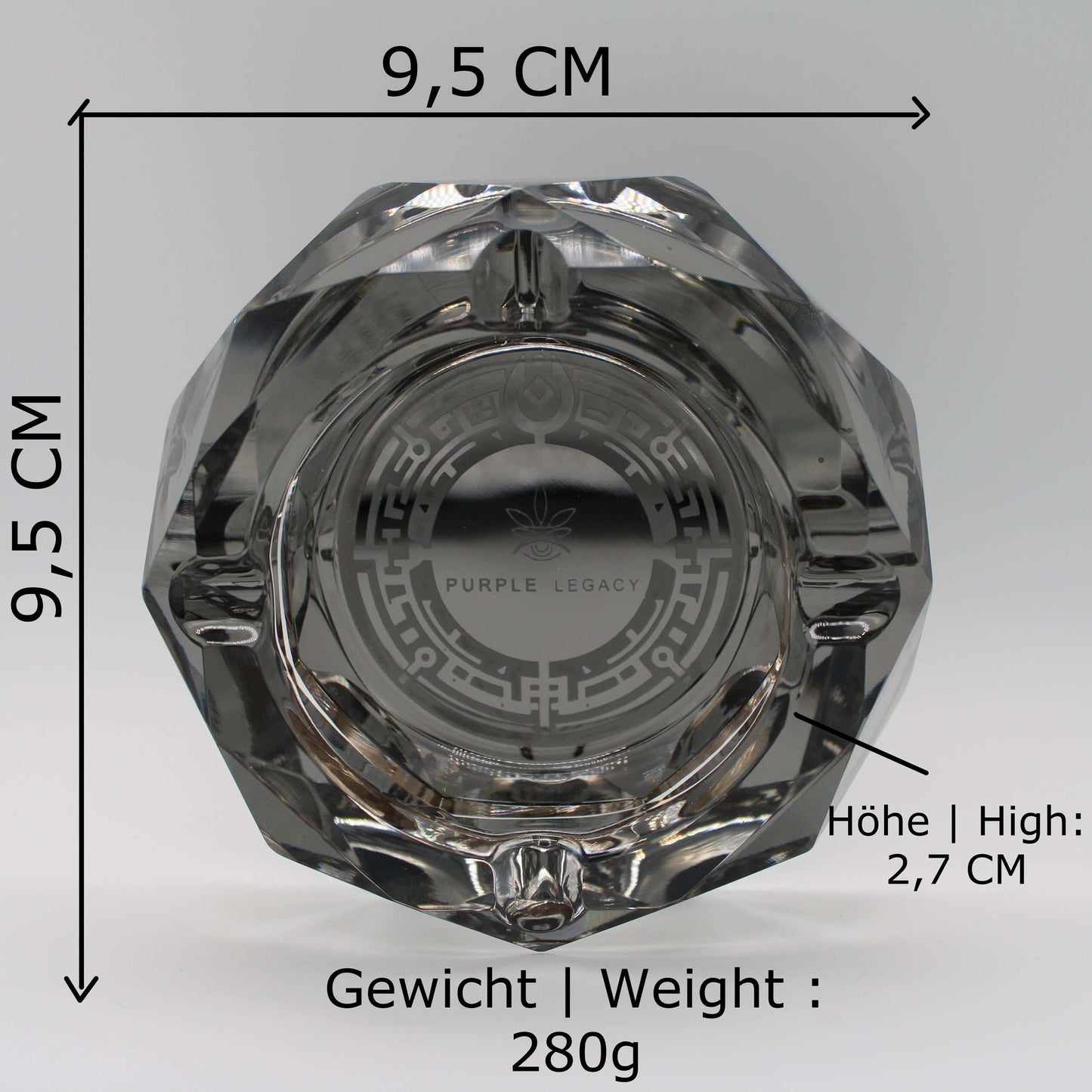 Aschenbecher Glas Groß Kristallglas - Dark Grey, Laser Gravur, 280g - Eleganter & Robuster cooler Aschenbecher Edel mit Antirutsch Boden Ash Tray - PURPLE LEGACY SHOP