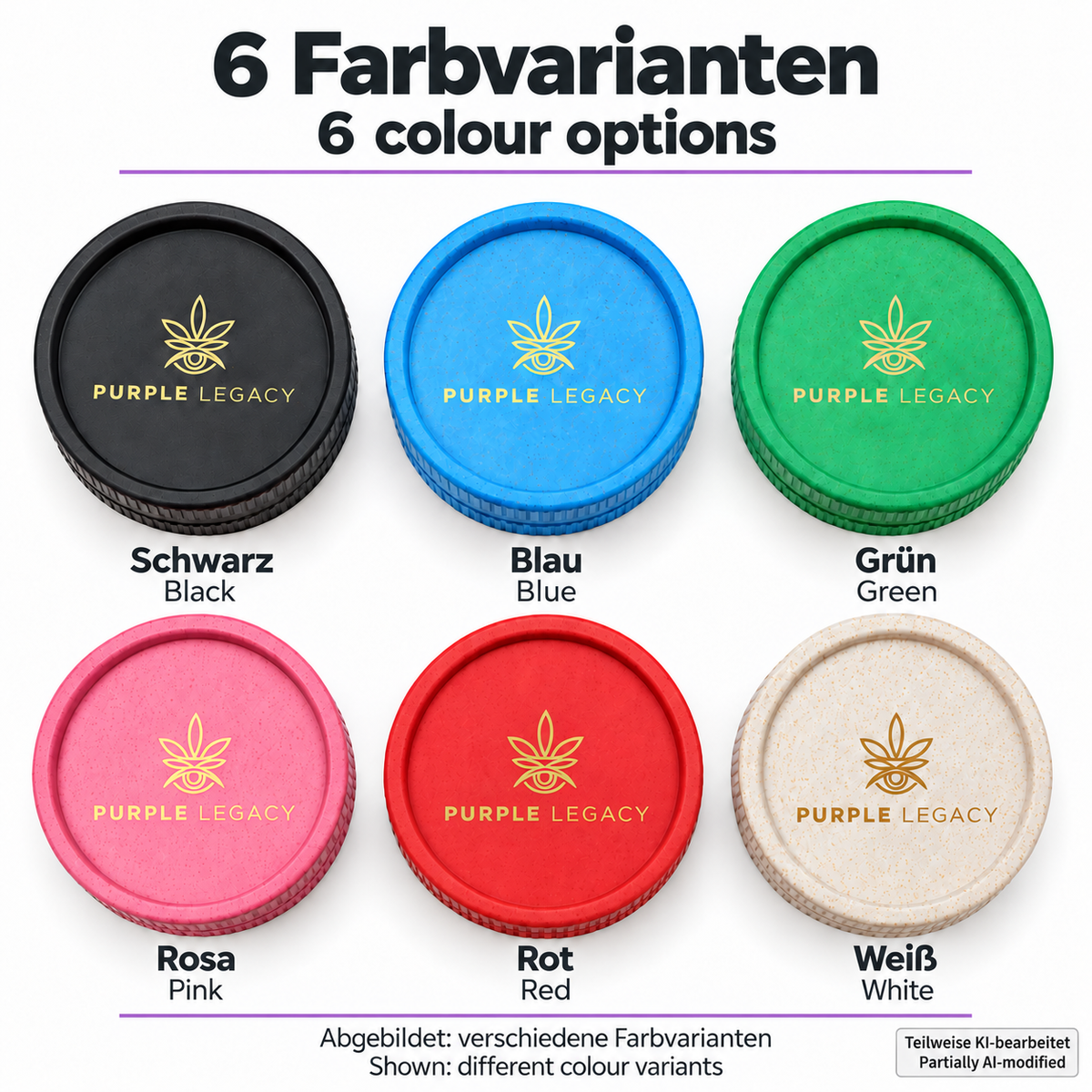 PURPLE LEGACY Farbauswahl des Grinders: sechs separat erhältliche Farben, Informationen auf Deutsch und Englisch, teilweise KI-bearbeitet