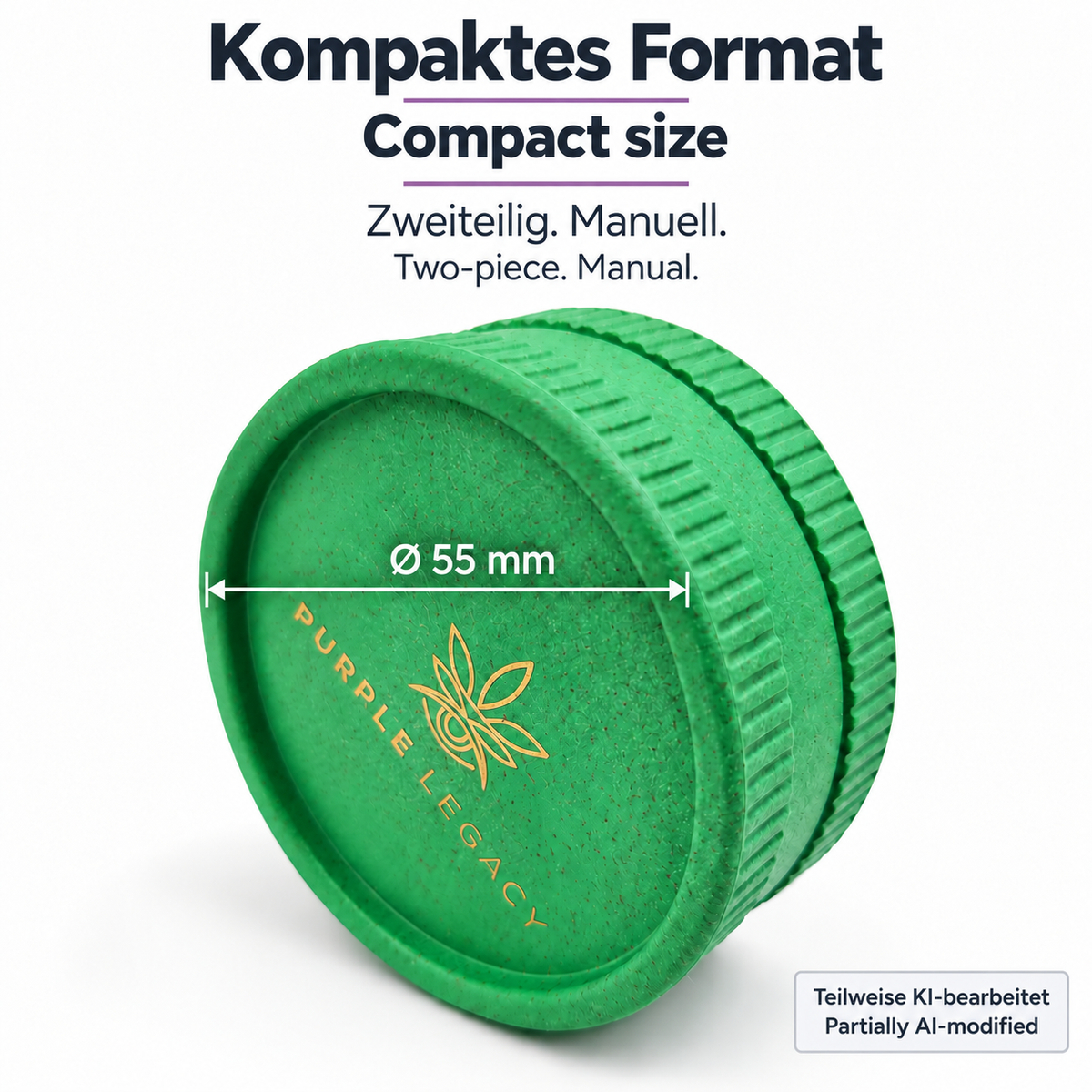 PURPLE LEGACY Grinder mit 55 mm Durchmesser, Größeninformation auf Deutsch und Englisch, teilweise KI-bearbeitet
