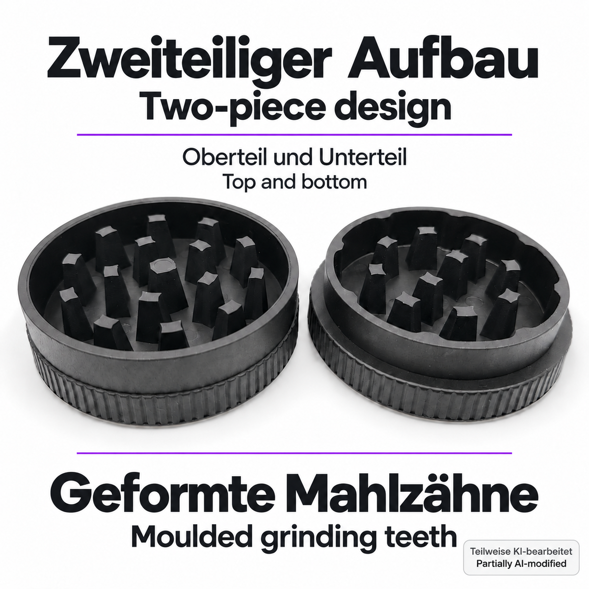 PURPLE LEGACY Oberteil und Unterteil des zweiteiligen Grinders, Informationen auf Deutsch und Englisch, teilweise KI-bearbeitet