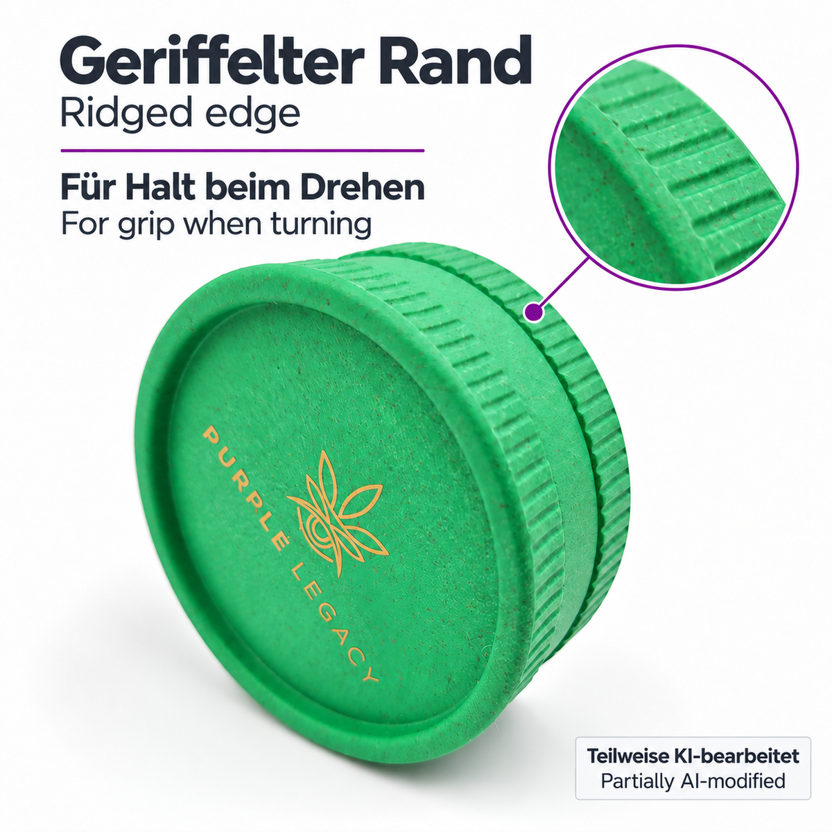 PURPLE LEGACY Geriffelter Außenrand des Grinders, Informationen auf Deutsch und Englisch, teilweise KI-bearbeitet