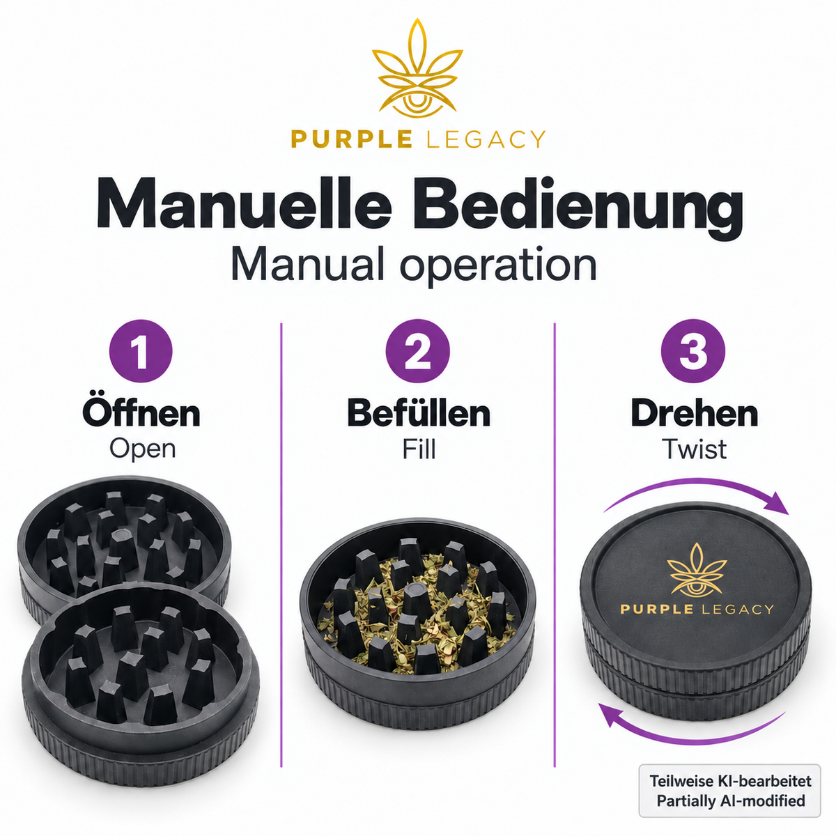 PURPLE LEGACY Manuelle Bedienung des zweiteiligen Grinders, Informationen auf Deutsch und Englisch, teilweise KI-bearbeitet