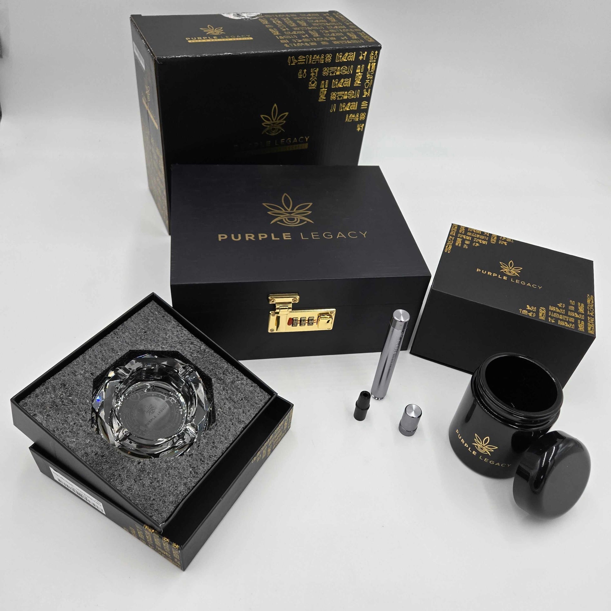 ANGEBOT: Stash Box + Stash Glas 250ml + Aschenbecher + Joint Case - PURPLE LEGACY SHOP