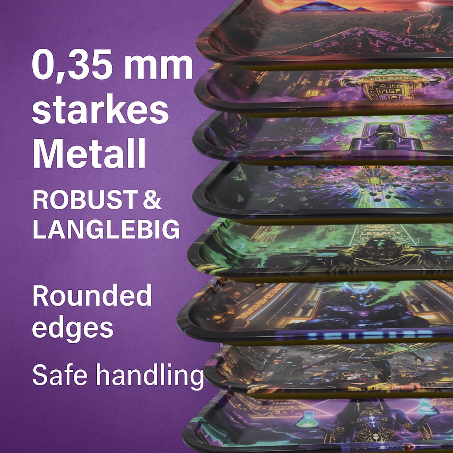 PURPLE LEGACY® Unterlage 34 × 27,5 × 2,7 cm | Metallblech | Ägyptisch-Cyberpunk-Design | Praktisches Tablett mit abgerundeten Ecken (Desert Field Big)
