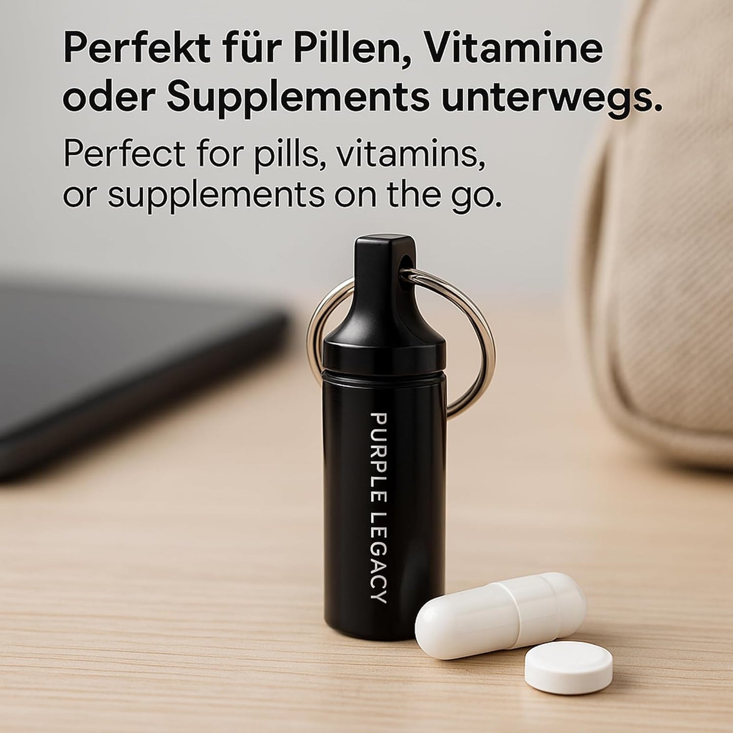 PURPLE LEGACY Pillendose Schlüsselanhänger 3er Set (Schwarz/Silber/Rot) – Wasserdichter Aluminium-Behälter mit Schraubdeckel & O-Ring – Mini Reise-Pillenbox, leicht & robust