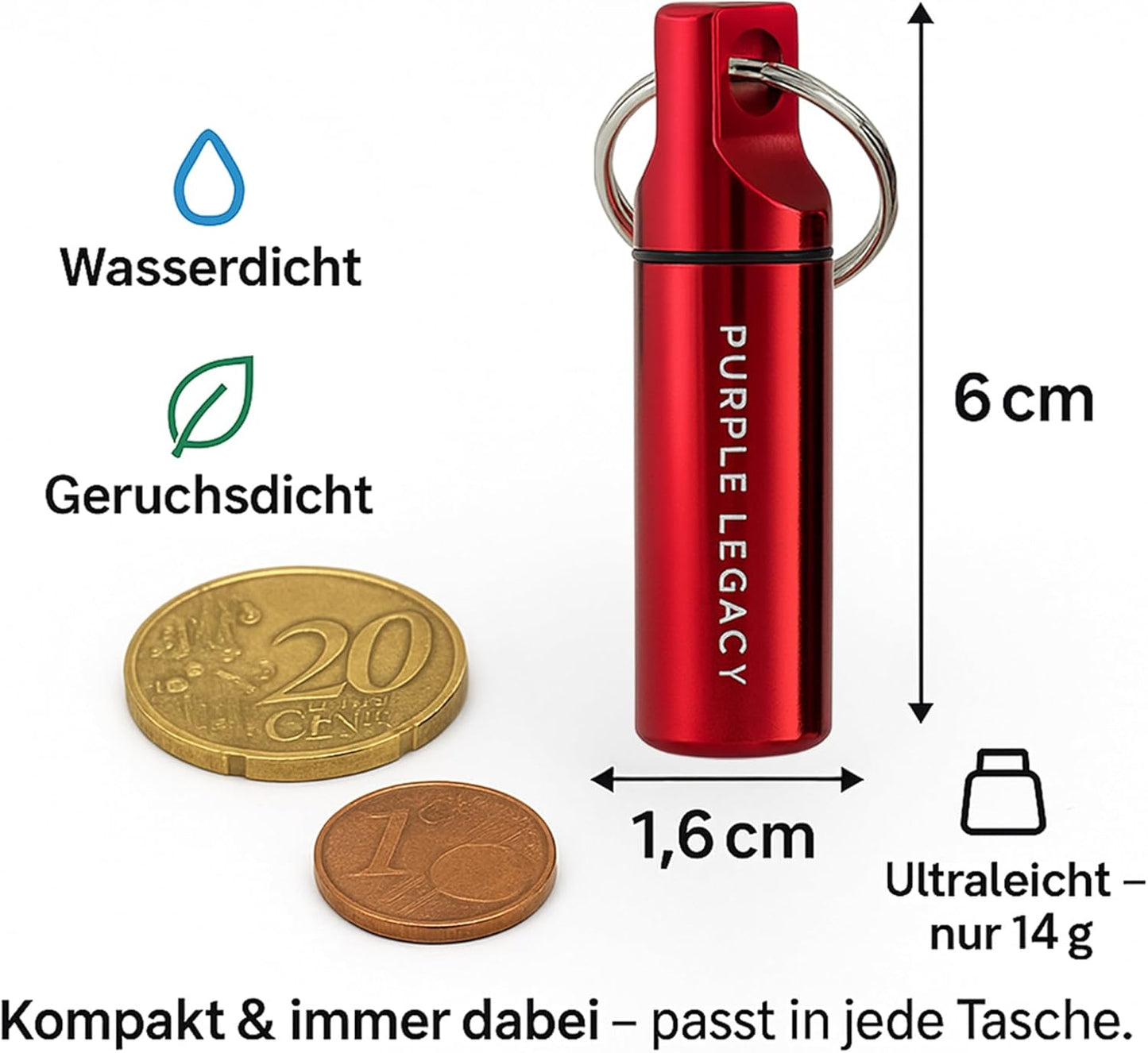 PURPLE LEGACY Pillendose Schlüsselanhänger 3er Set (Schwarz/Silber/Rot) – Wasserdichter Aluminium-Behälter mit Schraubdeckel & O-Ring – Mini Reise-Pillenbox, leicht & robust