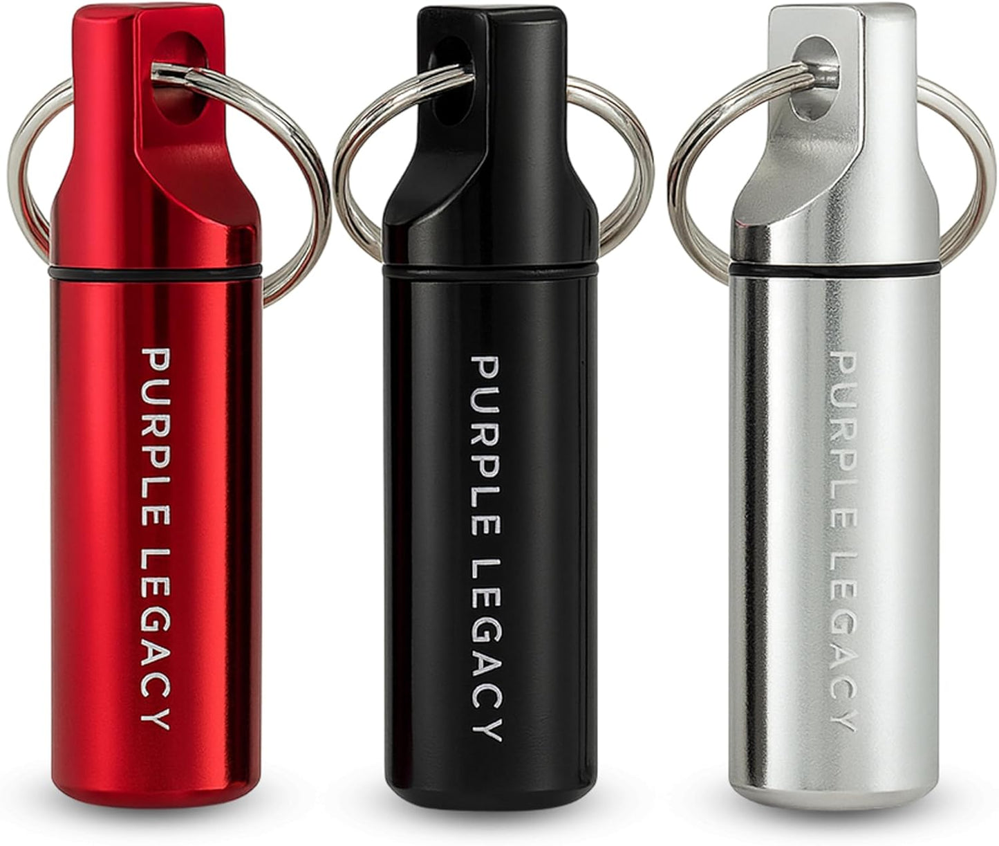 PURPLE LEGACY Pillendose Schlüsselanhänger 3er Set (Schwarz/Silber/Rot) – Wasserdichter Aluminium-Behälter mit Schraubdeckel & O-Ring – Mini Reise-Pillenbox, leicht & robust