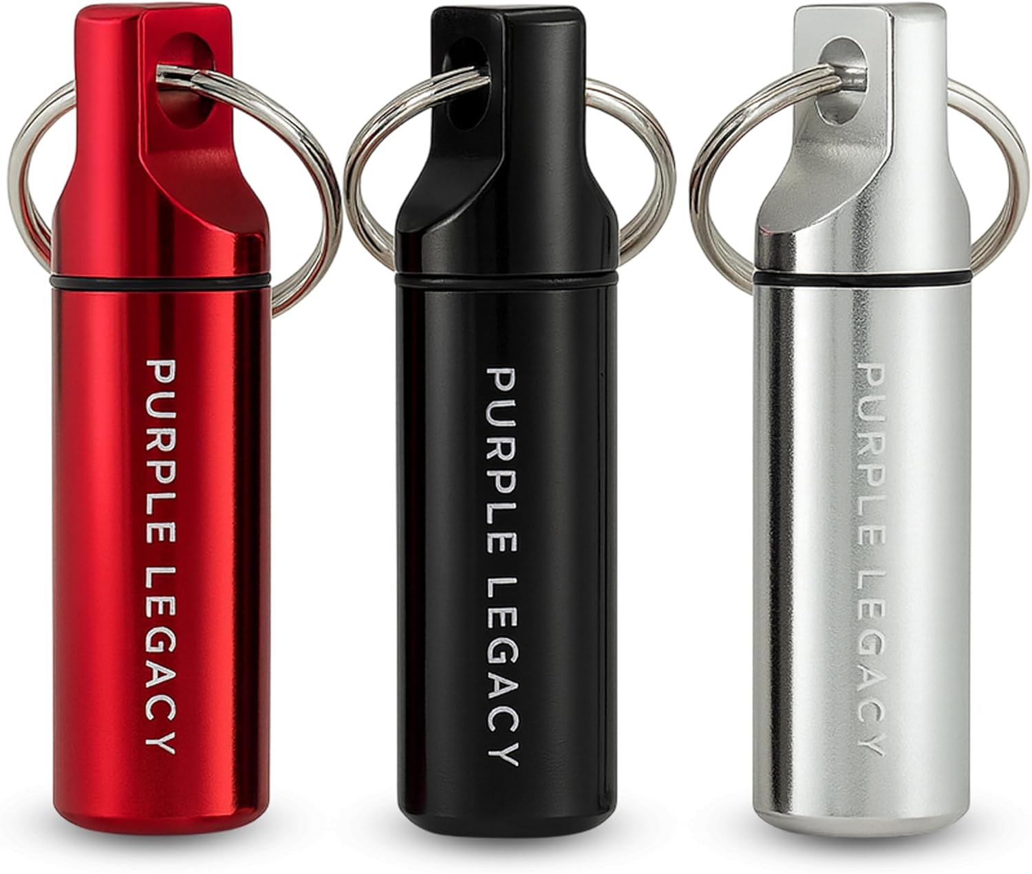PURPLE LEGACY Pillendose Schlüsselanhänger 3er Set (Schwarz/Silber/Rot) – Wasserdichter Aluminium-Behälter mit Schraubdeckel & O-Ring – Mini Reise-Pillenbox, leicht & robust