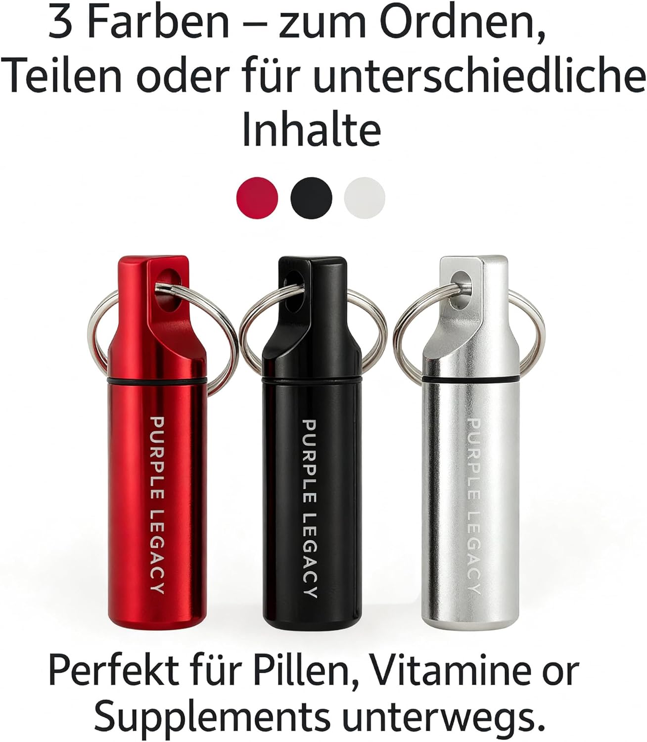 PURPLE LEGACY Pillendose Schlüsselanhänger 3er Set (Schwarz/Silber/Rot) – Wasserdichter Aluminium-Behälter mit Schraubdeckel & O-Ring – Mini Reise-Pillenbox, leicht & robust