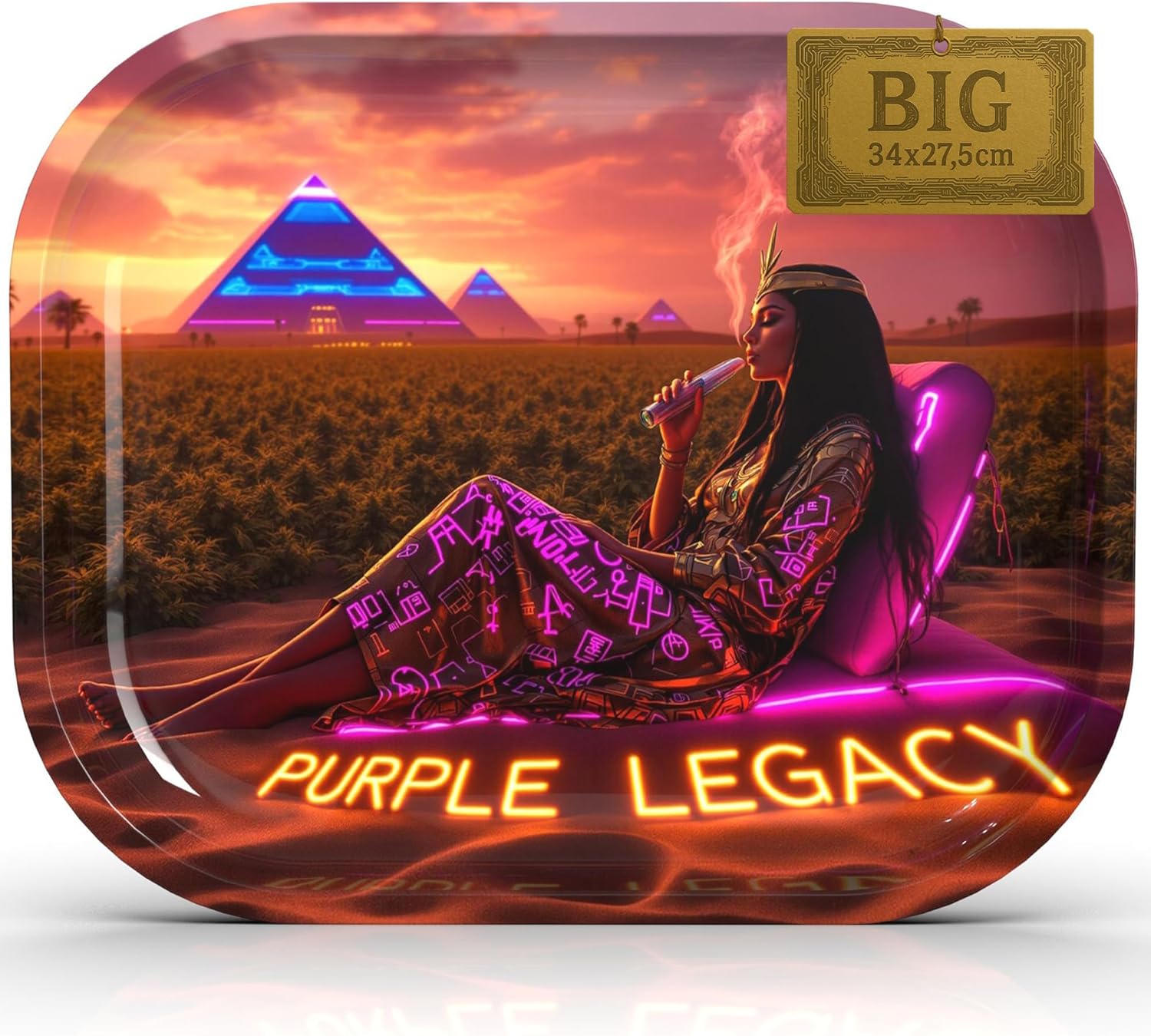 PURPLE LEGACY® Unterlage 34 × 27,5 × 2,7 cm | Metallblech | Ägyptisch-Cyberpunk-Design | Praktisches Tablett mit abgerundeten Ecken (Desert Field Big)