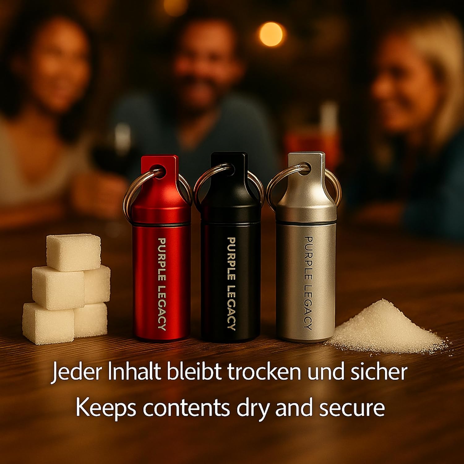 PURPLE LEGACY Pillendose Schlüsselanhänger 3er Set (Schwarz/Silber/Rot) – Wasserdichter Aluminium-Behälter mit Schraubdeckel & O-Ring – Mini Reise-Pillenbox, leicht & robust