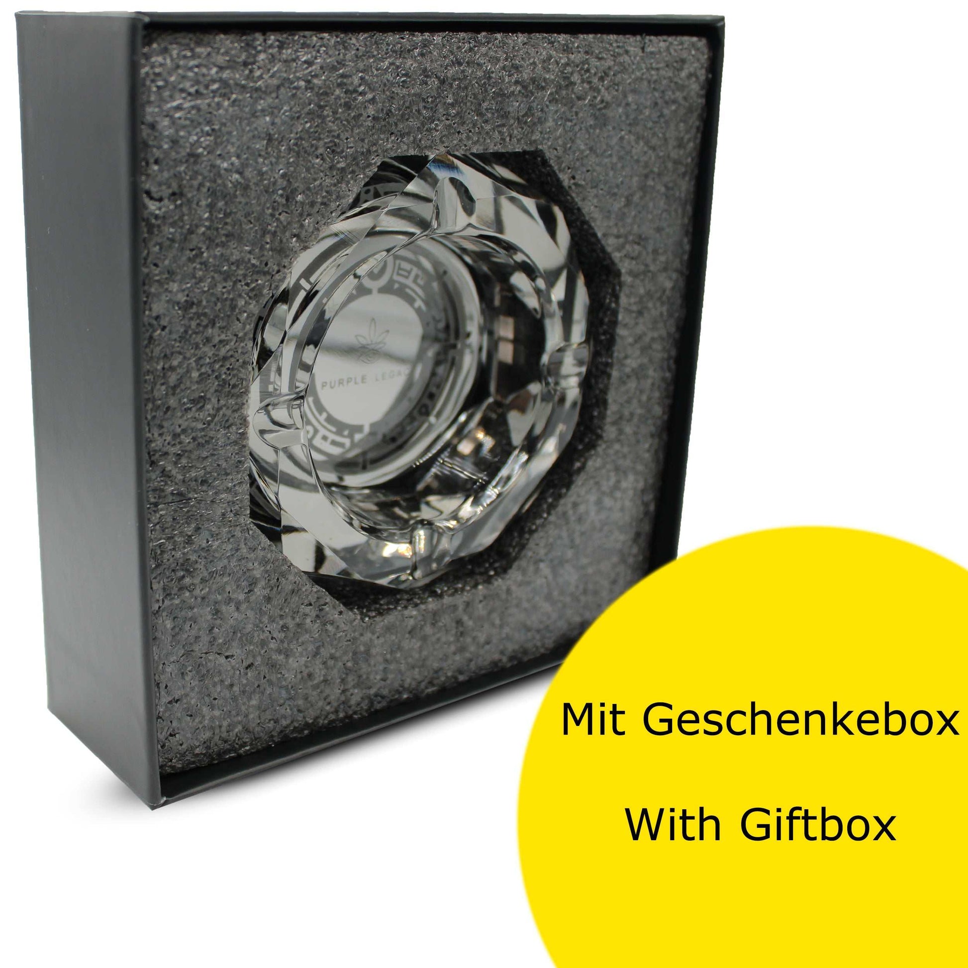 Aschenbecher Glas Groß Kristallglas - Dark Grey, Laser Gravur, 280g - Eleganter & Robuster cooler Aschenbecher Edel mit Antirutsch Boden Ash Tray - PURPLE LEGACY SHOP