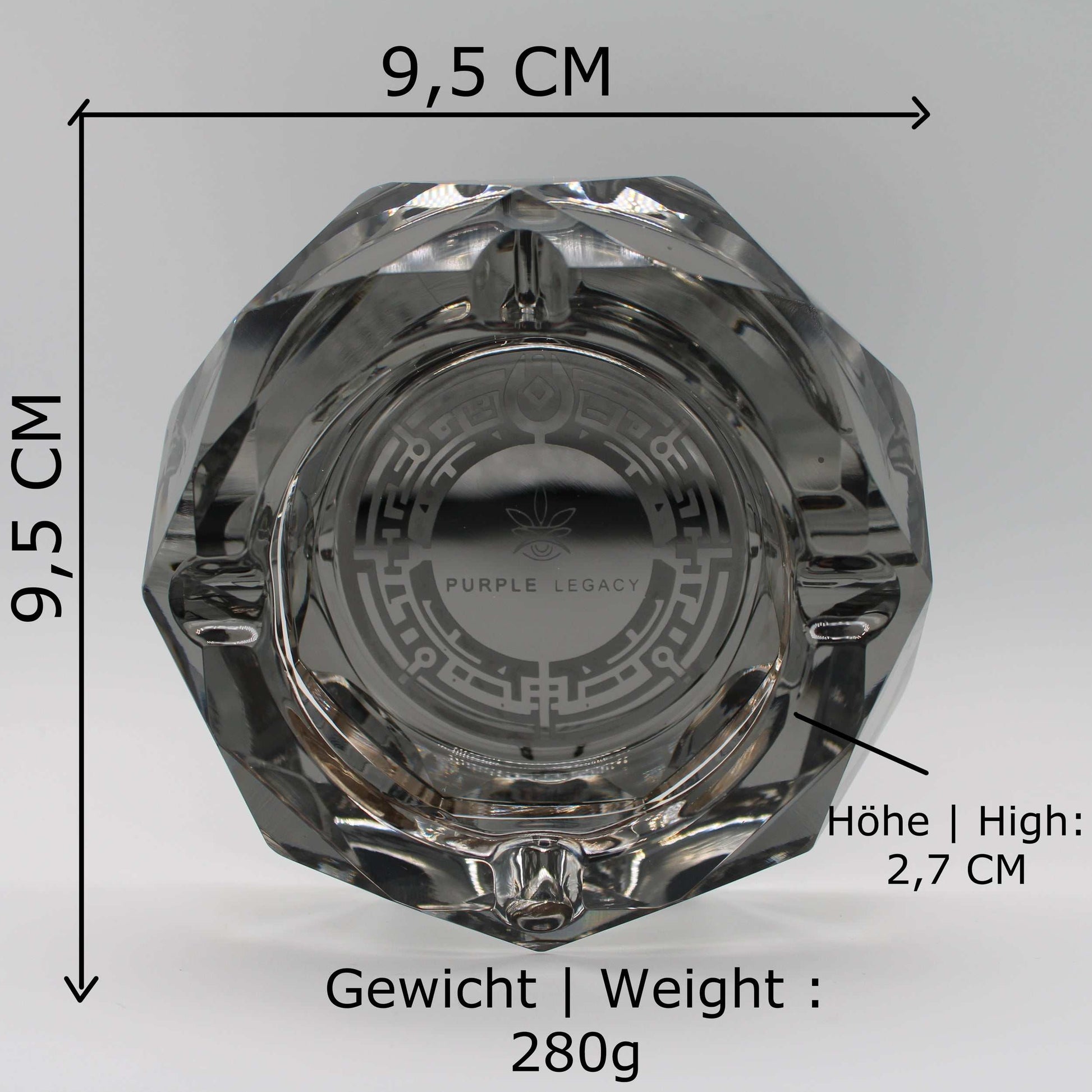 Aschenbecher Glas Groß Kristallglas - Dark Grey, Laser Gravur, 280g - Eleganter & Robuster cooler Aschenbecher Edel mit Antirutsch Boden Ash Tray - PURPLE LEGACY SHOP